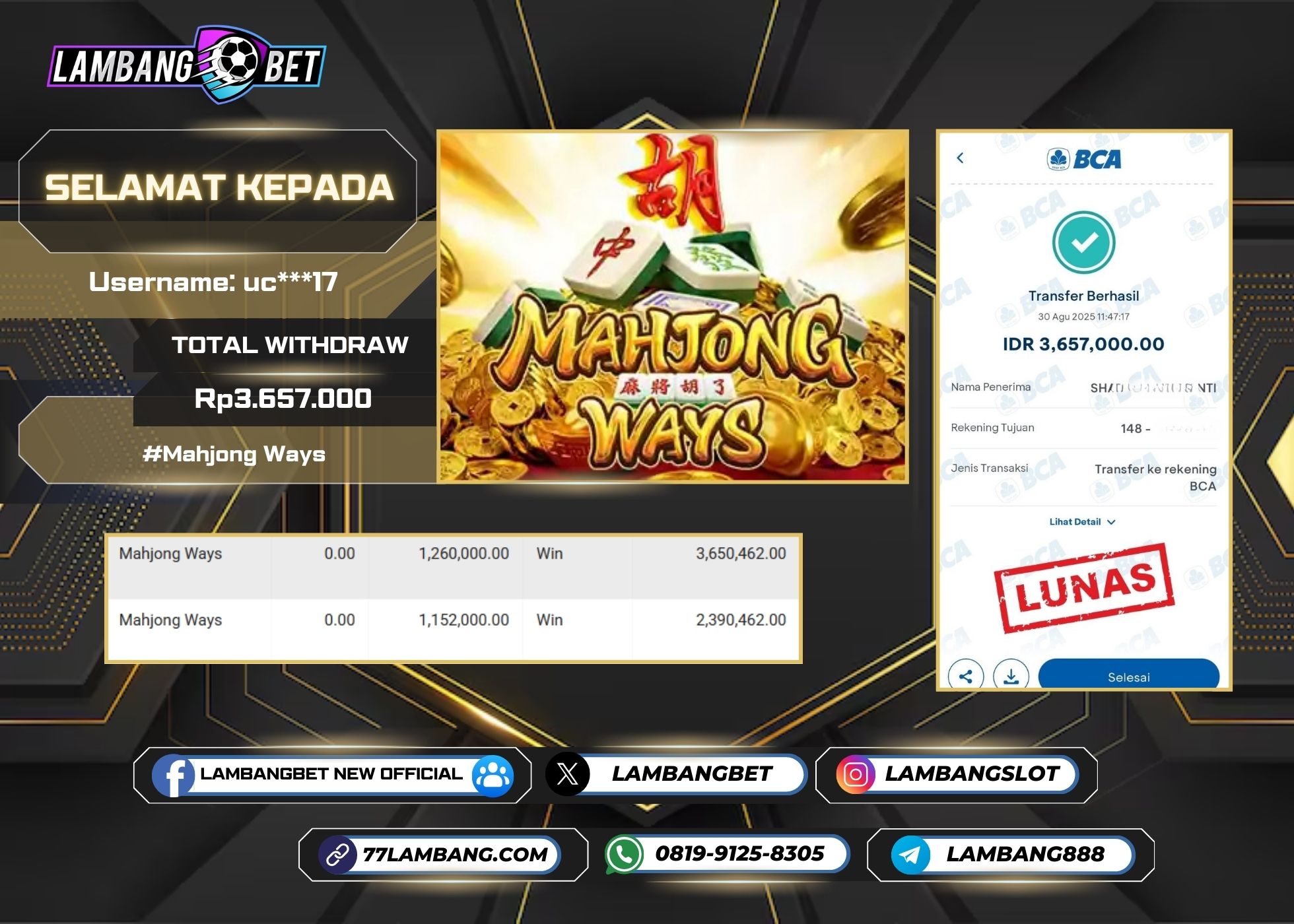 LAMBANGBET [30 AUGUST 2025] JACKPOT SLOT Mahjong Ways "Rp3.657.000" LUNAS